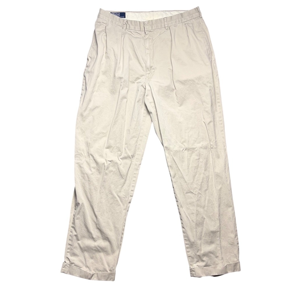 Vintage Polo Ralph Lauren Pants Mens 36 Tan Khaki Pleated Cuffed Chino Trousers